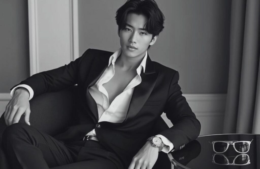 Homme assis dans un fauteille portant un costume chemise ouverte, photo en noir et blanc