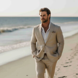 Homme d'une trentaine d'années portant un costume en lin beige les pieds dans l'eau de la mer