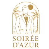 Logo minimaliste, Homme en smoking avec des palmier le soleil en fond ecris "Soirée d'azur" le nom de la marque